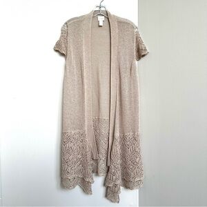 Chico’s Linen Blend Crochet Lace Long Line Cardigan Tan Cap Sleeve FLAW